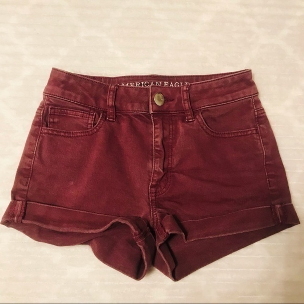 AE American Eagle Hi Rise Shortie Denim Jean Shorts Purple Burgundy Size 0 25